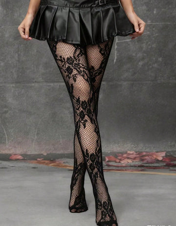 Women's floral fishnet tights with baroque hollow-out pattern in stretch knit fabric.