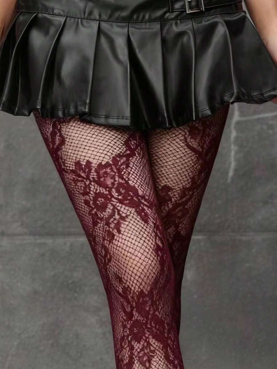 Women's floral fishnet tights with baroque hollow-out pattern in stretch knit fabric.