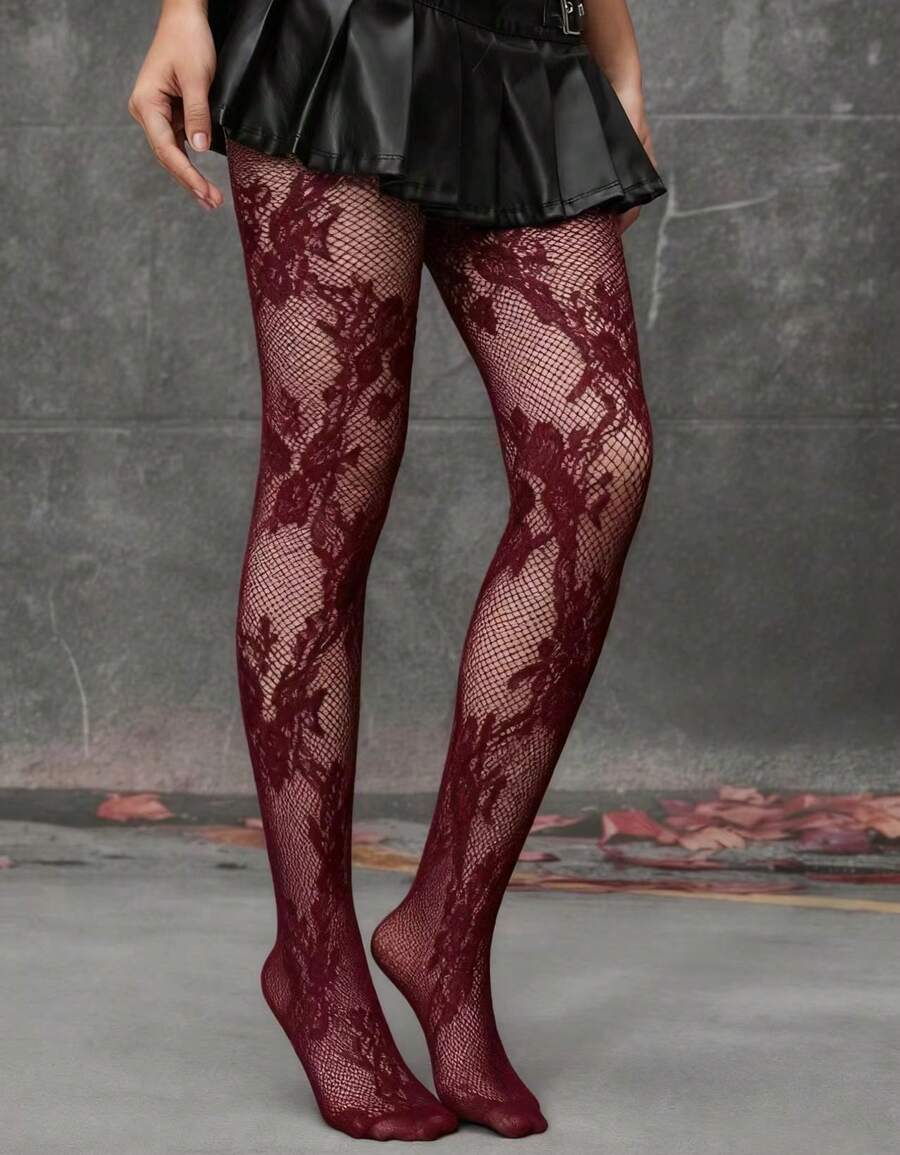 Women's floral fishnet tights with baroque hollow-out pattern in stretch knit fabric.