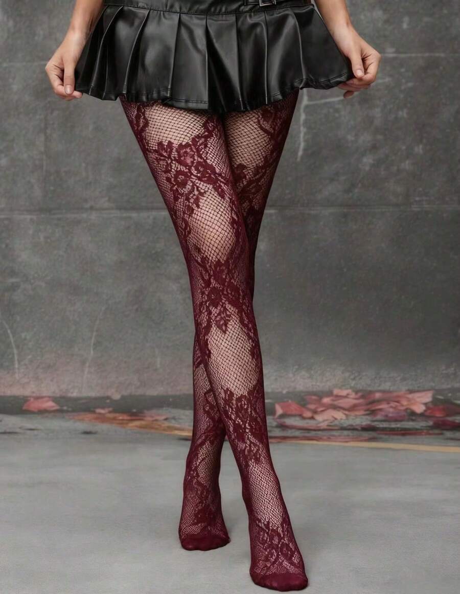 Women's floral fishnet tights with baroque hollow-out pattern in stretch knit fabric.