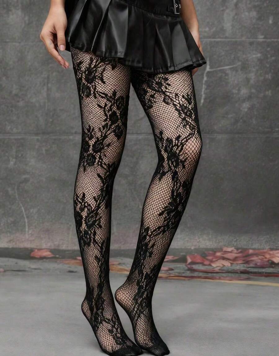 Women's floral fishnet tights with baroque hollow-out pattern in stretch knit fabric.