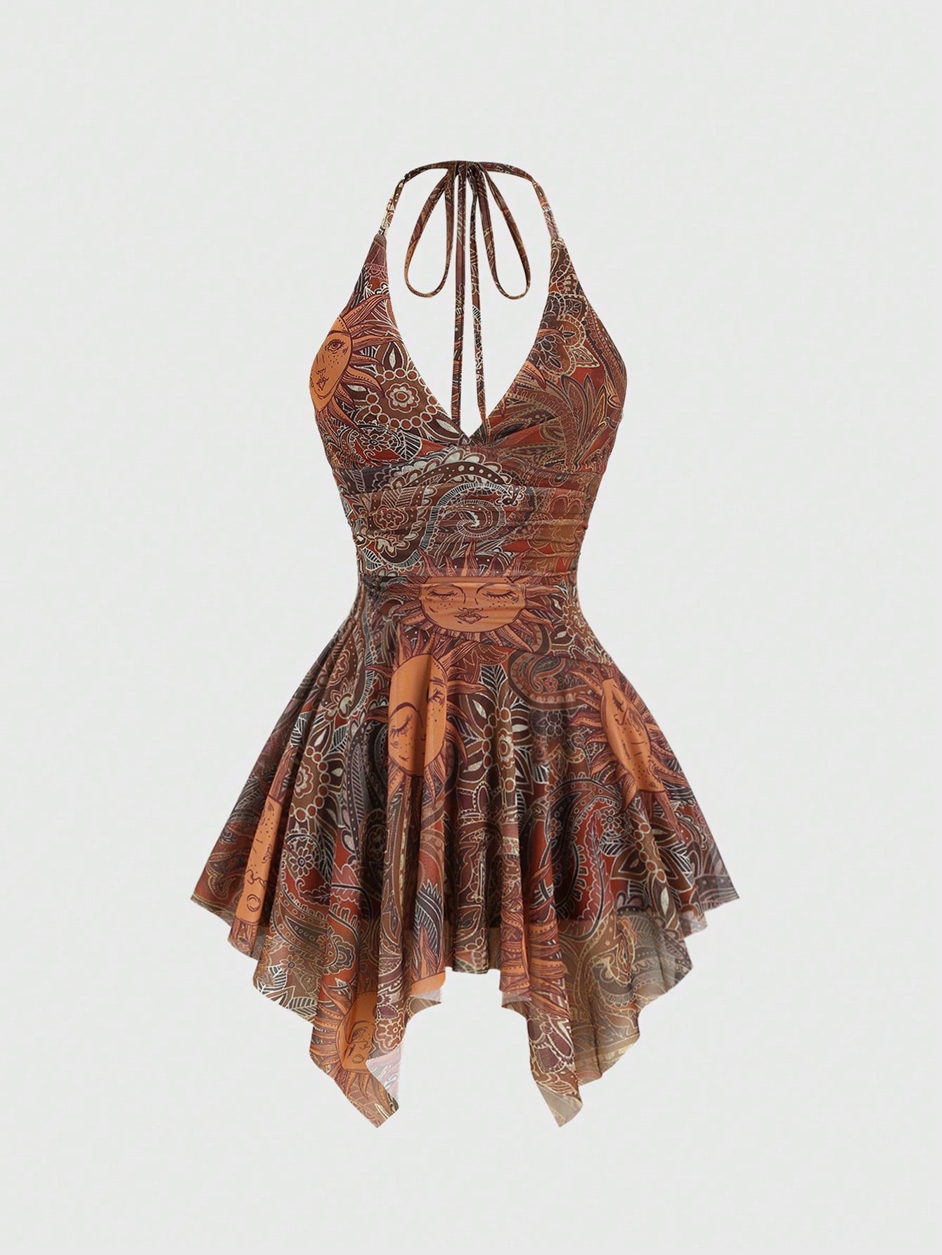 Y2K spaghetti strap sleeveless mini dress with ruched detail, backless cami styling, graphic pattern, slim fit, high waist, and asymmetrical hem