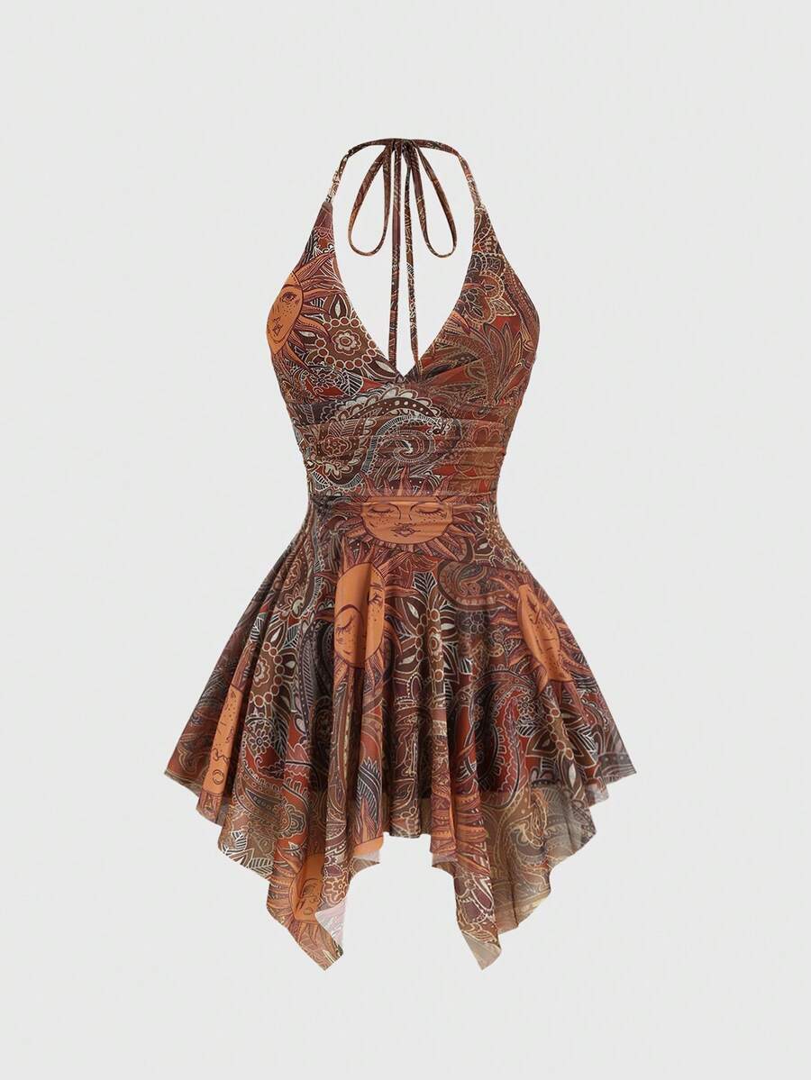 Y2K spaghetti strap sleeveless mini dress with ruched detail, backless cami styling, graphic pattern, slim fit, high waist, and asymmetrical hem