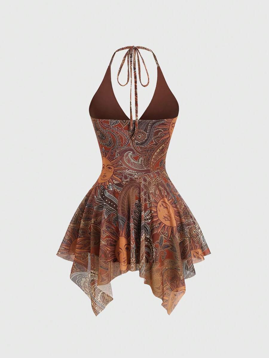 Y2K spaghetti strap sleeveless mini dress with ruched detail, backless cami styling, graphic pattern, slim fit, high waist, and asymmetrical hem