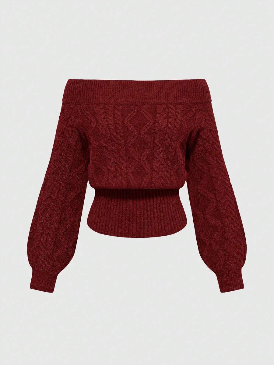 Women's off-the-shoulder rib-knit pullover sweater with three-quarter sleeves in a casual regular fit.