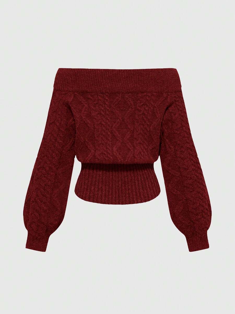 Women's off-the-shoulder rib-knit pullover sweater with three-quarter sleeves in a casual regular fit.