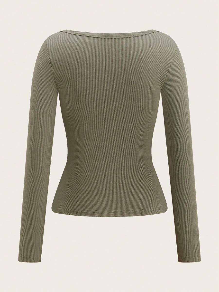 Women's slim fit long sleeve V-neck t-shirt with ruched bustier details in knitted stretch fabric