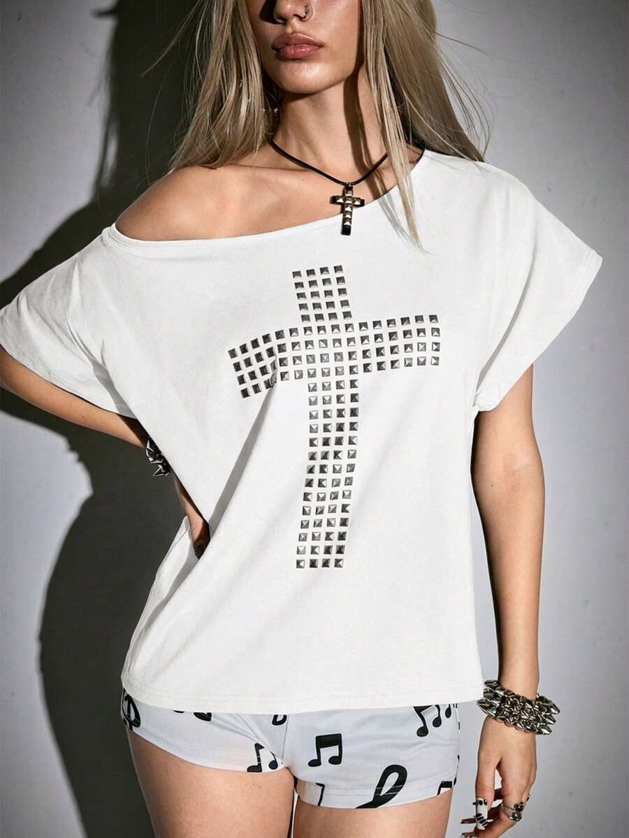 Women's grunge punk style short sleeve t-shirt featuring an asymmetrical neckline, hollow-out cut detail, and relaxed batwing sleeves in a soft cotton stretch fabric.