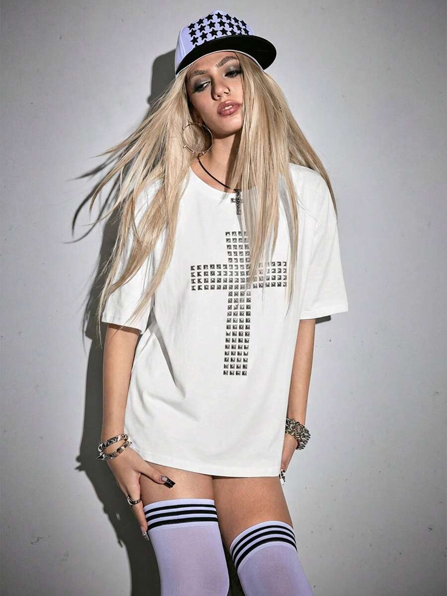Women's grunge punk style short sleeve t-shirt featuring an asymmetrical neckline, hollow-out cut detail, and relaxed batwing sleeves in a soft cotton stretch fabric.
