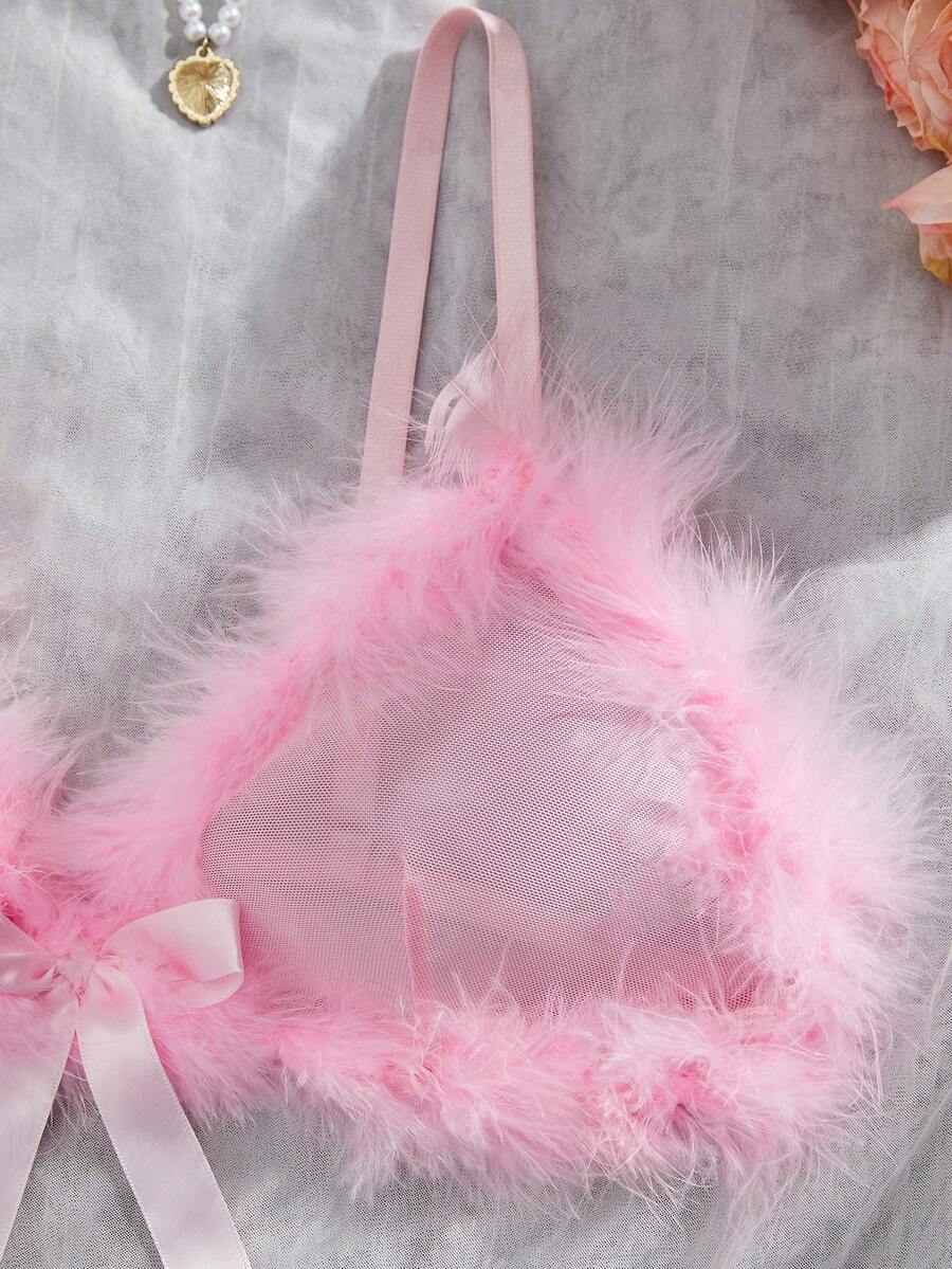 Pink sheer mesh two-piece lingerie set featuring a wireless triangle bralette with fluffy trim and a matching low-rise thong panty.