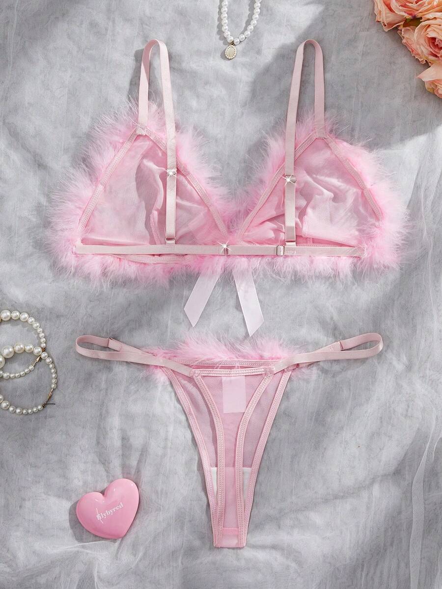 Pink sheer mesh two-piece lingerie set featuring a wireless triangle bralette with fluffy trim and a matching low-rise thong panty.