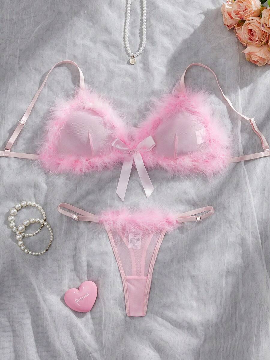 Pink sheer mesh two-piece lingerie set featuring a wireless triangle bralette with fluffy trim and a matching low-rise thong panty.