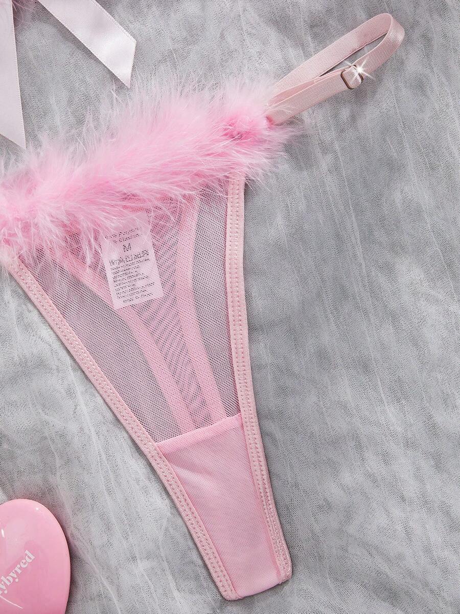 Pink sheer mesh two-piece lingerie set featuring a wireless triangle bralette with fluffy trim and a matching low-rise thong panty.