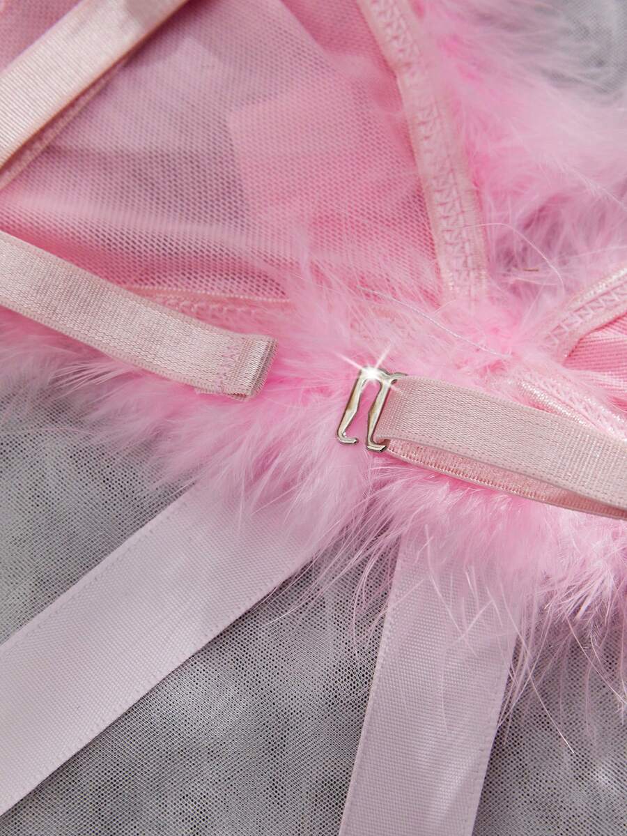 Pink sheer mesh two-piece lingerie set featuring a wireless triangle bralette with fluffy trim and a matching low-rise thong panty.