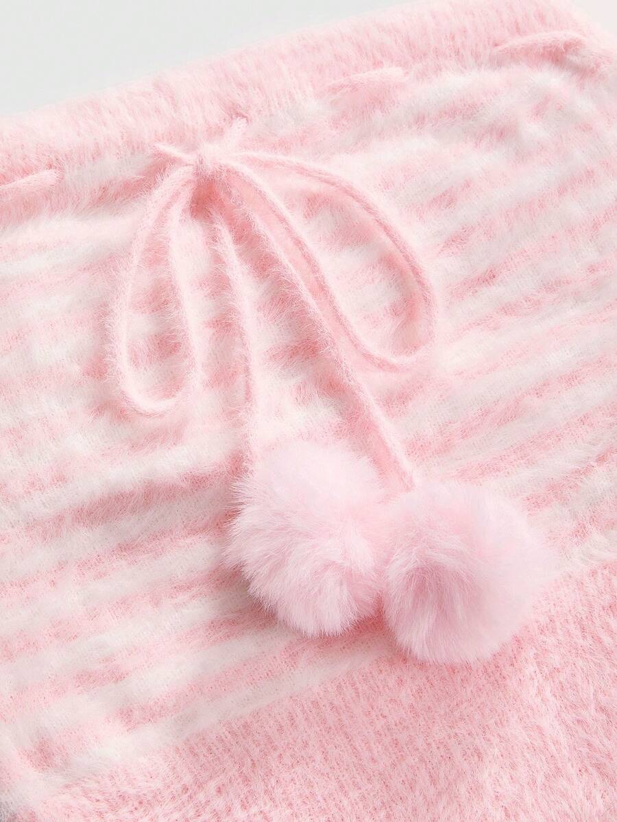 Pink striped knit two-piece set with a micro crop tube top and matching shorts