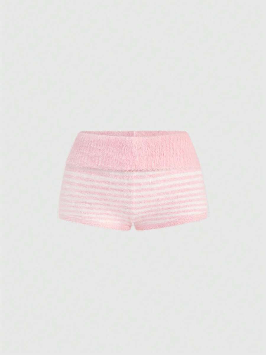 Pink striped knit two-piece set with a micro crop tube top and matching shorts