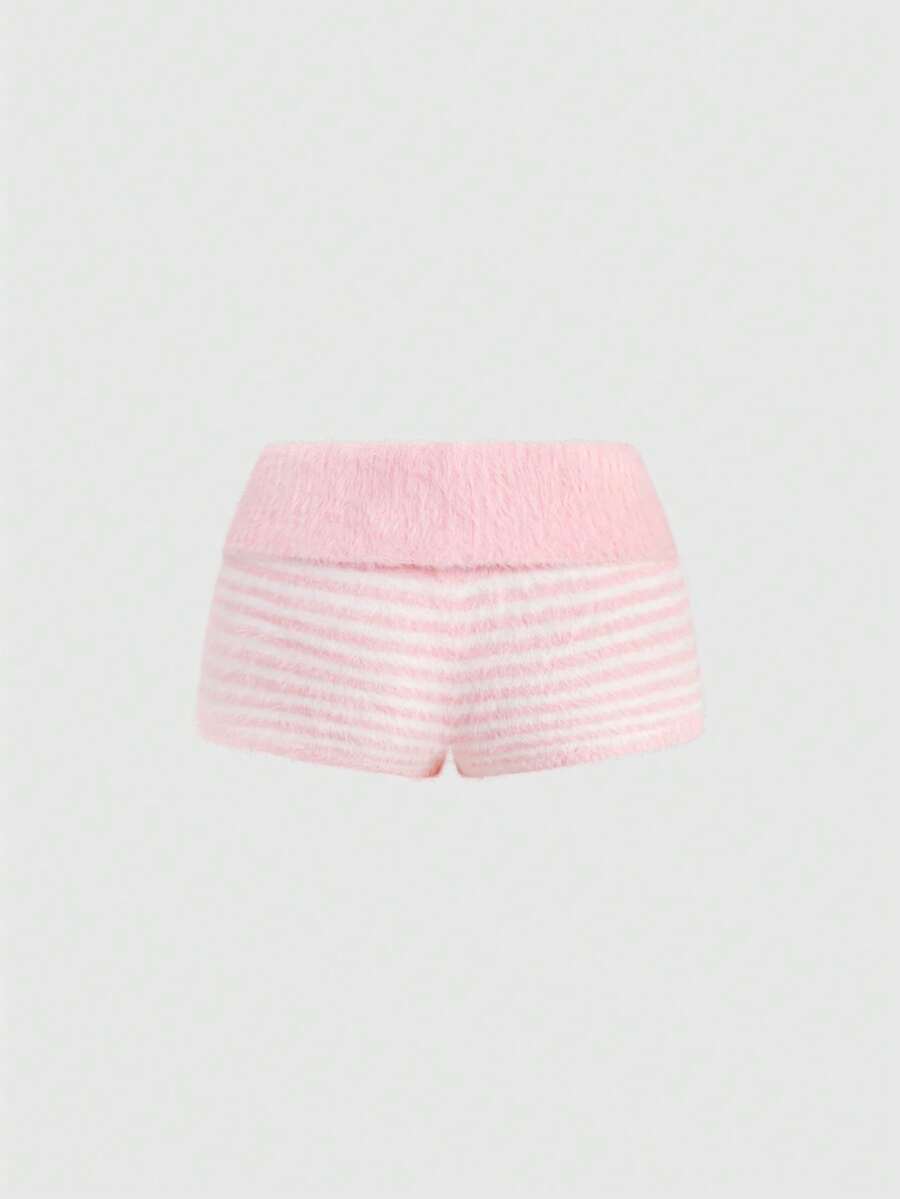 Pink striped knit two-piece set with a micro crop tube top and matching shorts