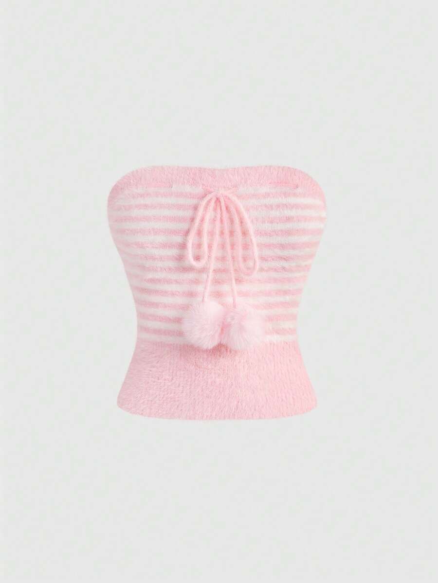 Pink striped knit two-piece set with a micro crop tube top and matching shorts
