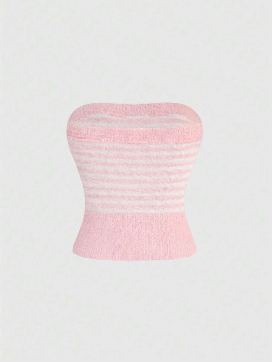 Pink striped knit two-piece set with a micro crop tube top and matching shorts