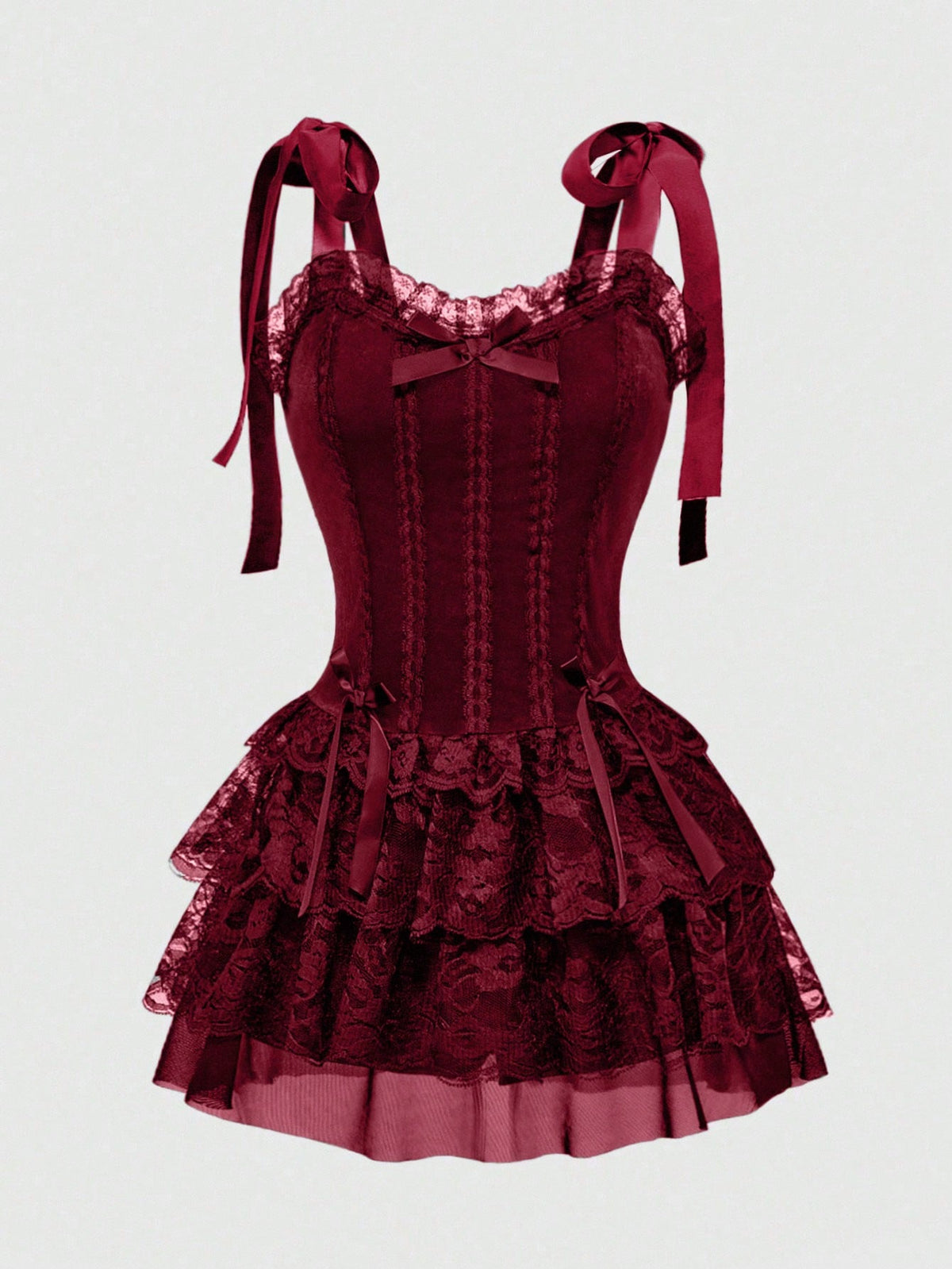 Gothic velvet halter mini dress with contrast lace trim, bow detail, lace-up accents, arm sleeves, layered hem, and cross pendant.