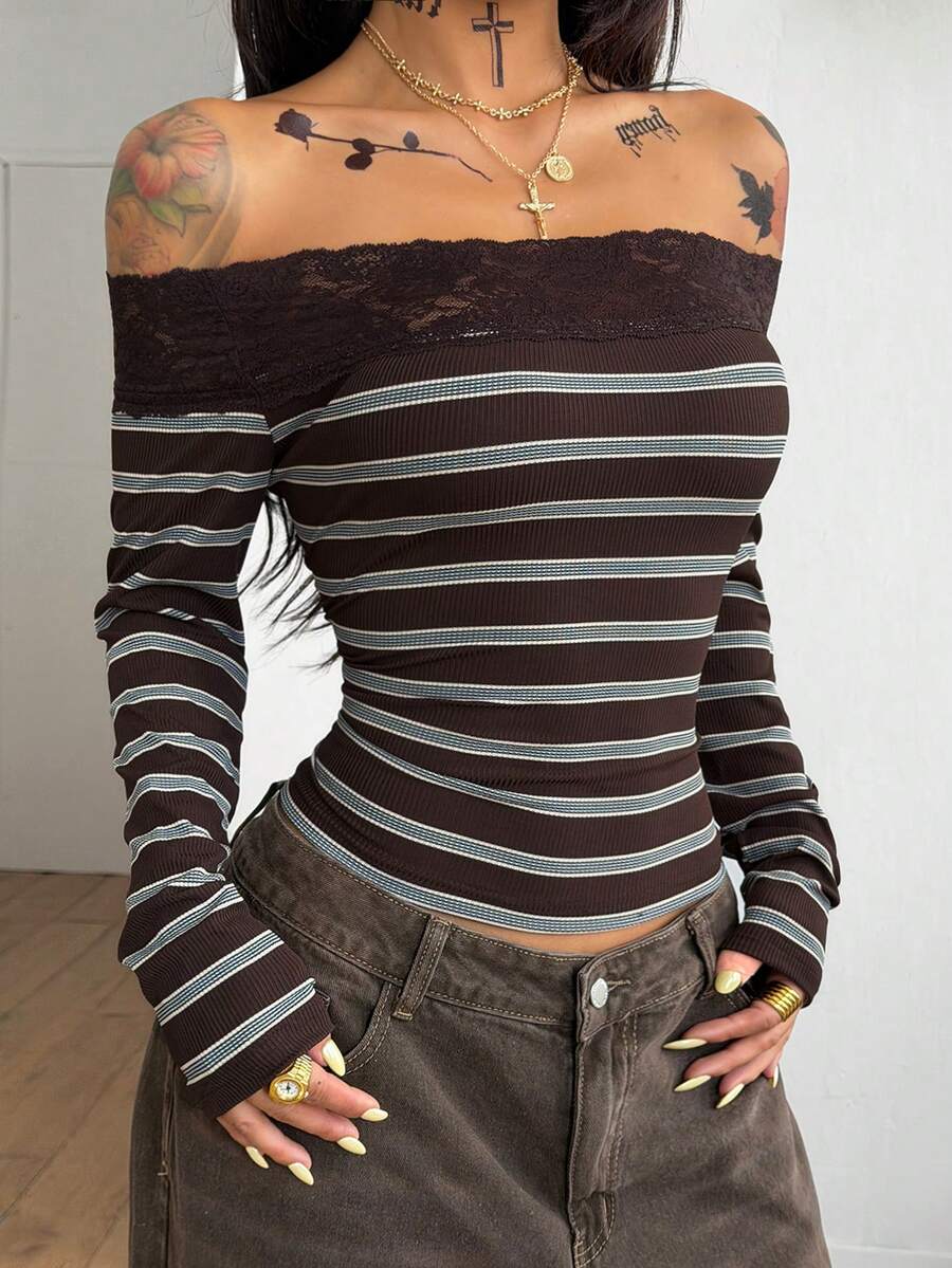 Women's slim fit off the shoulder long sleeve knitted top featuring contrast lace trim and ruched accents.