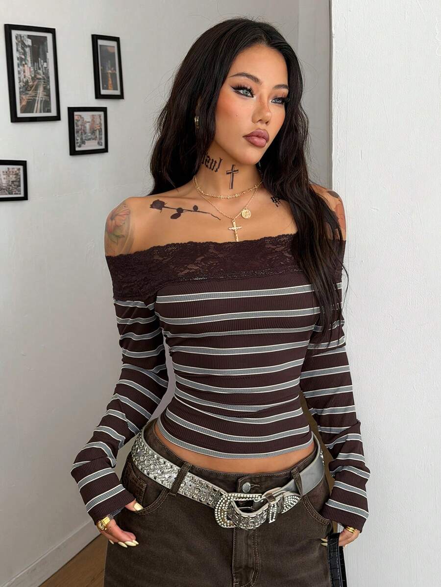 Women's slim fit off the shoulder long sleeve knitted top featuring contrast lace trim and ruched accents.