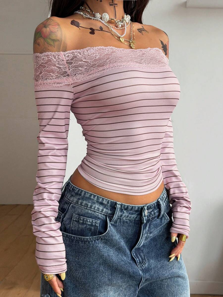 Women's slim fit off the shoulder long sleeve knitted top featuring contrast lace trim and ruched accents.