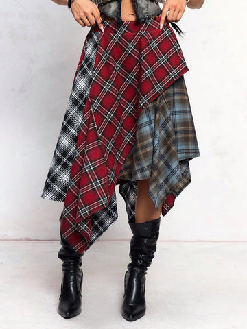 Women's asymmetrical plaid maxi skirt in multicolor woven fabric featuring a low waist and casual long silhouette.