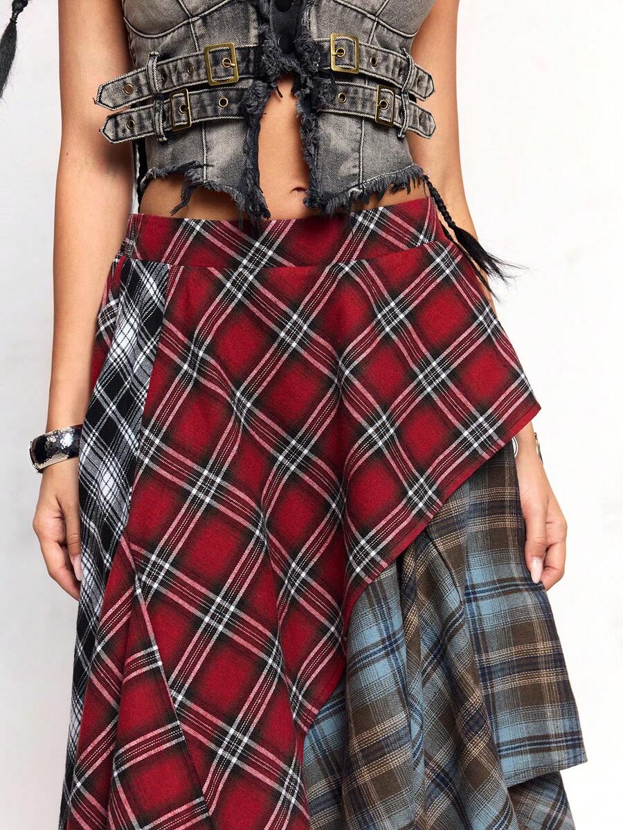 Women's asymmetrical plaid maxi skirt in multicolor woven fabric featuring a low waist and casual long silhouette.