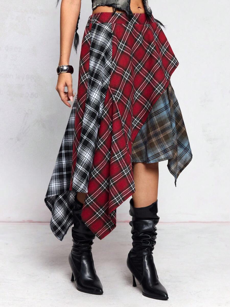 Women's asymmetrical plaid maxi skirt in multicolor woven fabric featuring a low waist and casual long silhouette.
