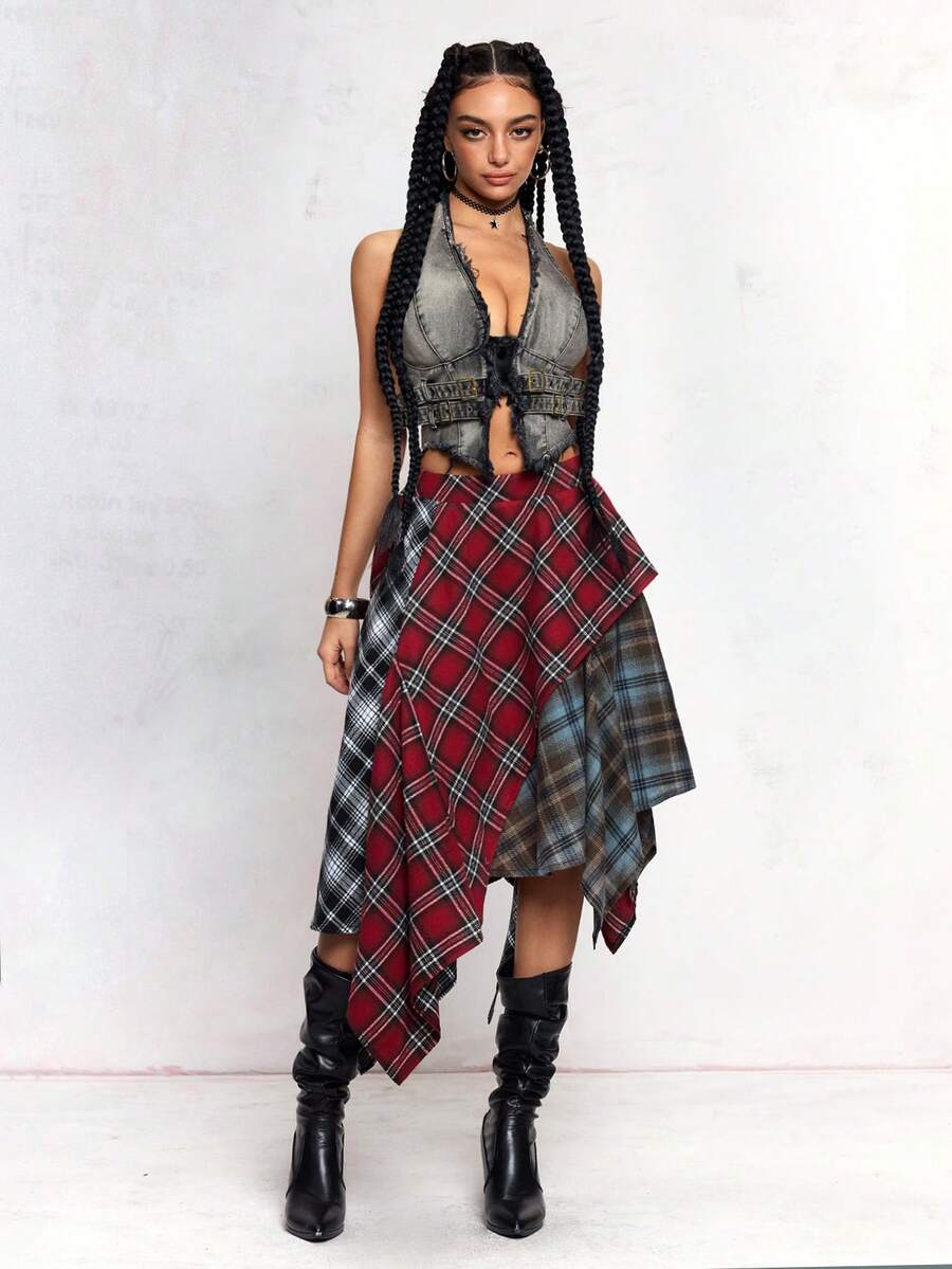 Women's asymmetrical plaid maxi skirt in multicolor woven fabric featuring a low waist and casual long silhouette.