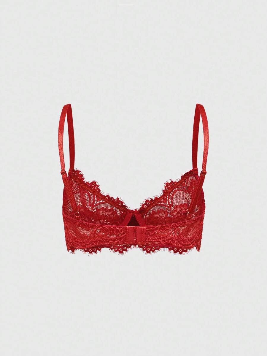 Sheer floral lace underwire triangle bra for women featuring adjustable straps and plunge cup design.