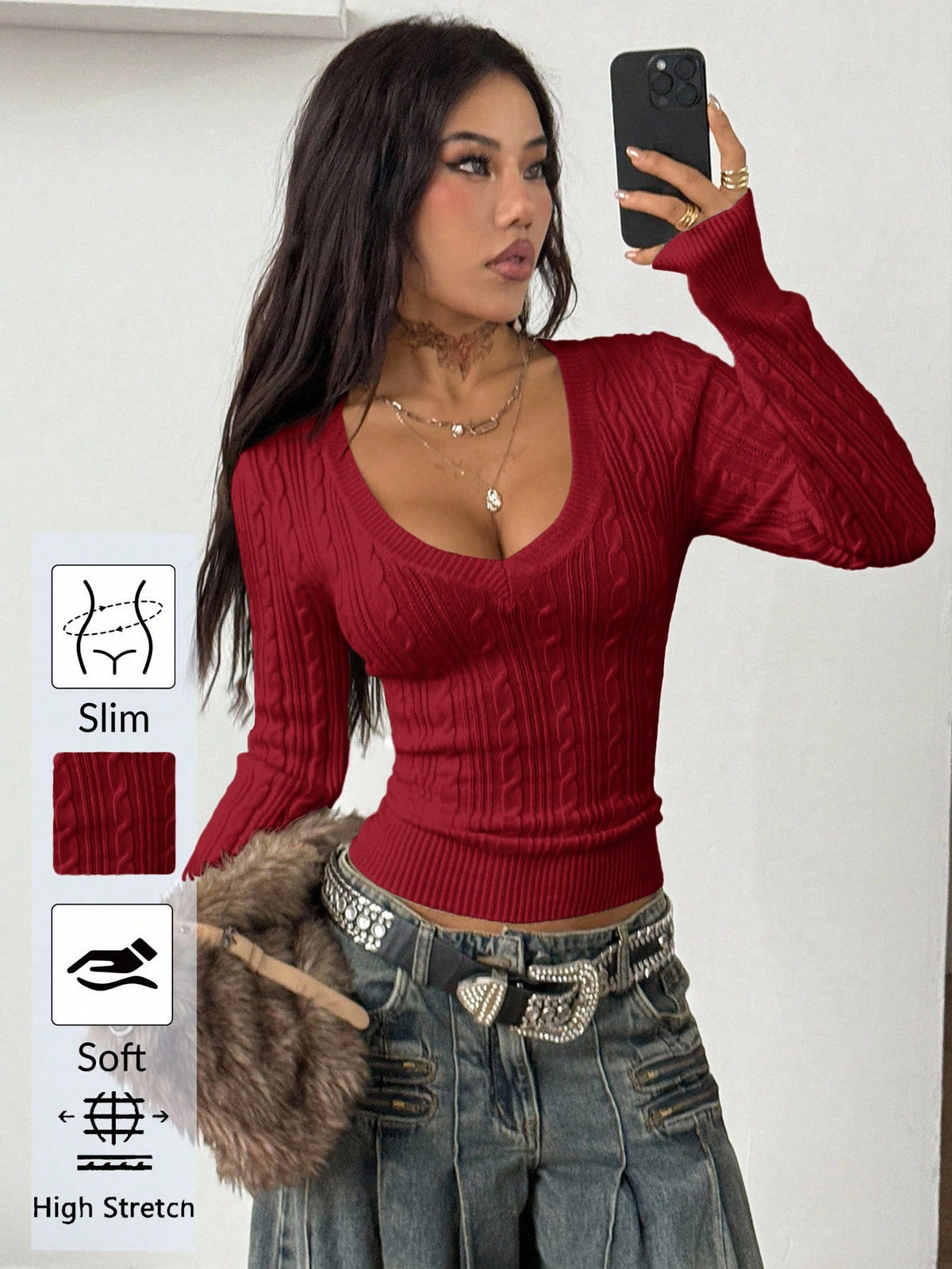 Women's slim fit cable-knit sweater with a V-neckline and long sleeves in solid green rib knit fabric.