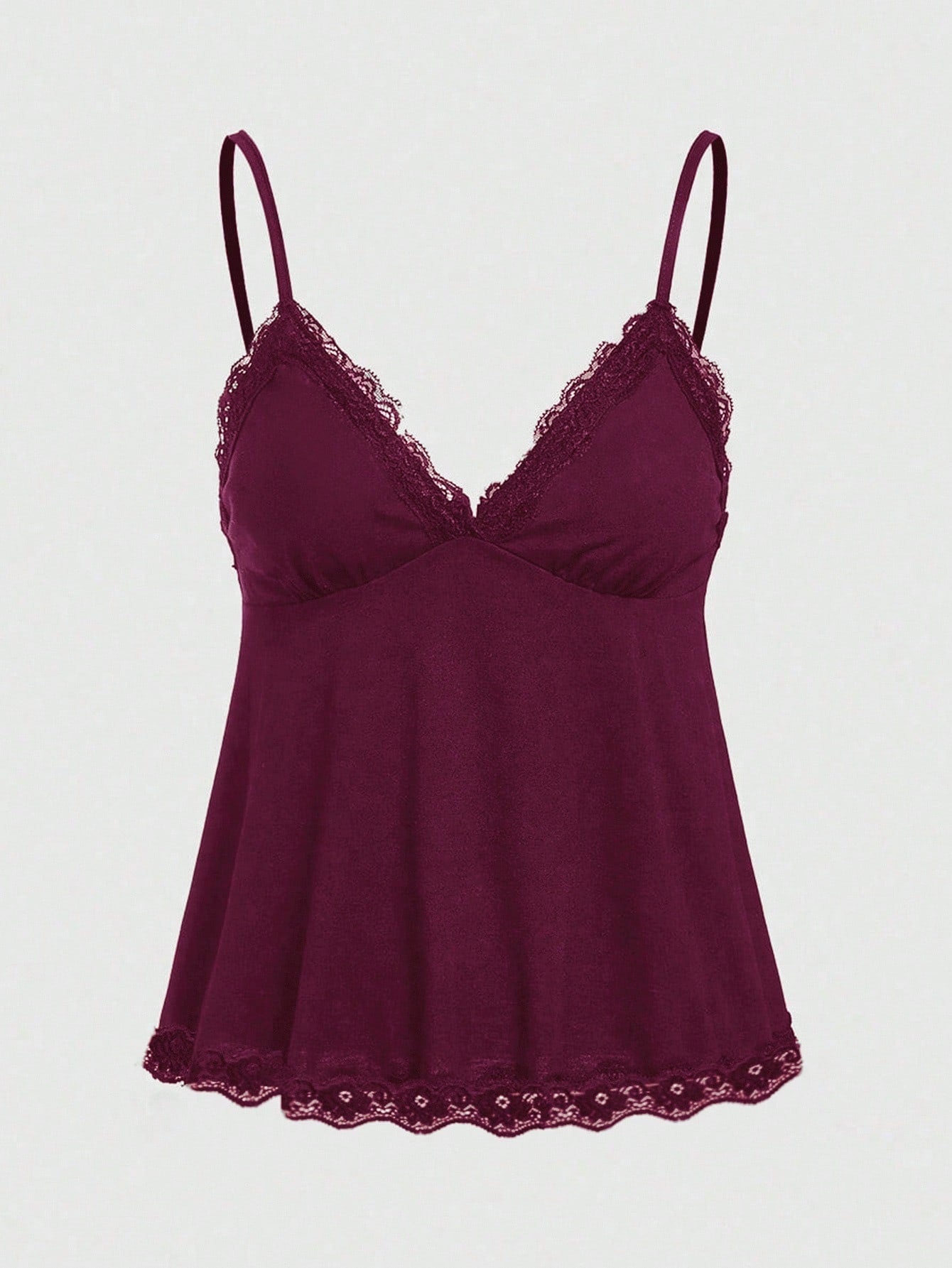 Women's spaghetti strap camisole with contrast lace patchwork, slim fit silhouette, plain design, and flared hem.