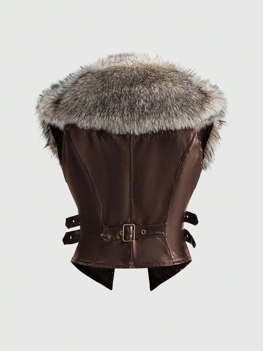 Women's slim fit cropped PU leather jacket featuring a detachable contrast faux fur shawl collar and a belted waist.