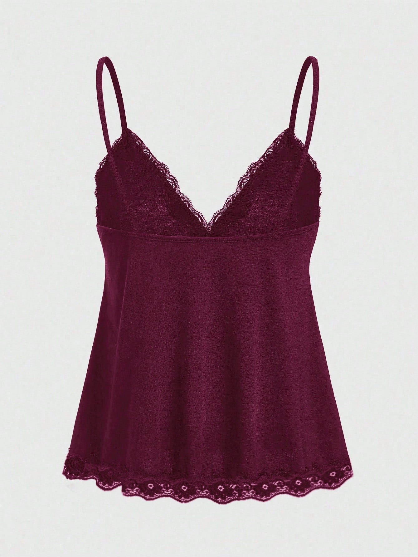 Women's spaghetti strap camisole with contrast lace patchwork, slim fit silhouette, plain design, and flared hem.