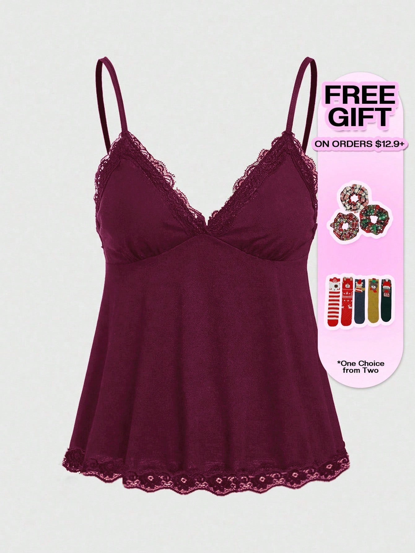 Women's spaghetti strap camisole with contrast lace patchwork, slim fit silhouette, plain design, and flared hem.