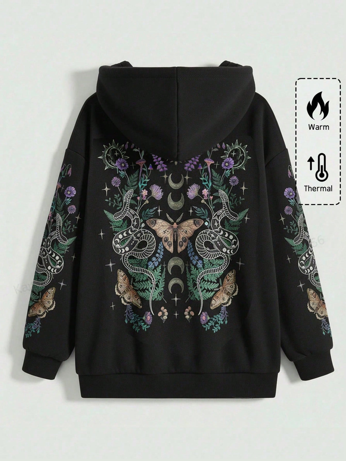 Women's plus size oversized zip-up sweatshirt jacket featuring a gothic graphic with coiled snake, butterfly, and thorn motifs, drawstring hood, and front pockets.