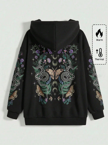 Women's plus size oversized zip-up sweatshirt jacket featuring a gothic graphic with coiled snake, butterfly, and thorn motifs, drawstring hood, and front pockets.