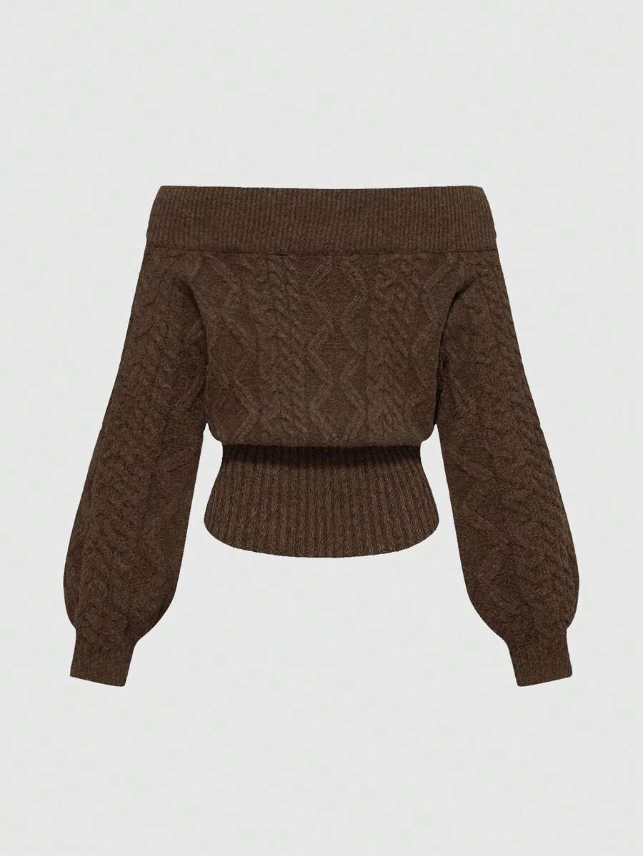 Women's off-the-shoulder rib-knit pullover sweater with three-quarter sleeves in a casual regular fit.