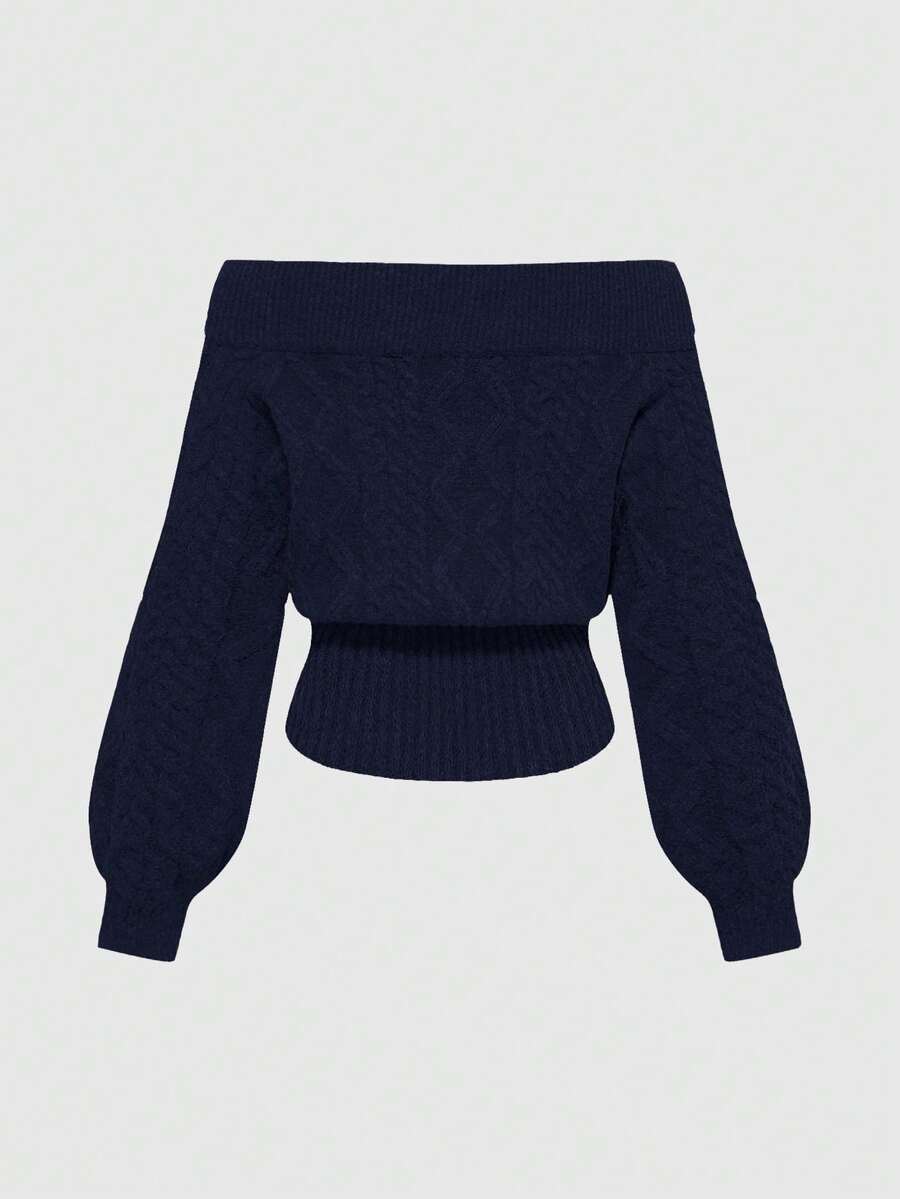 Women's off-the-shoulder rib-knit pullover sweater with three-quarter sleeves in a casual regular fit.