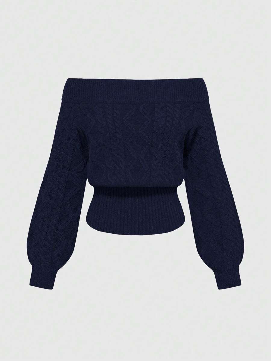 Women's off-the-shoulder rib-knit pullover sweater with three-quarter sleeves in a casual regular fit.