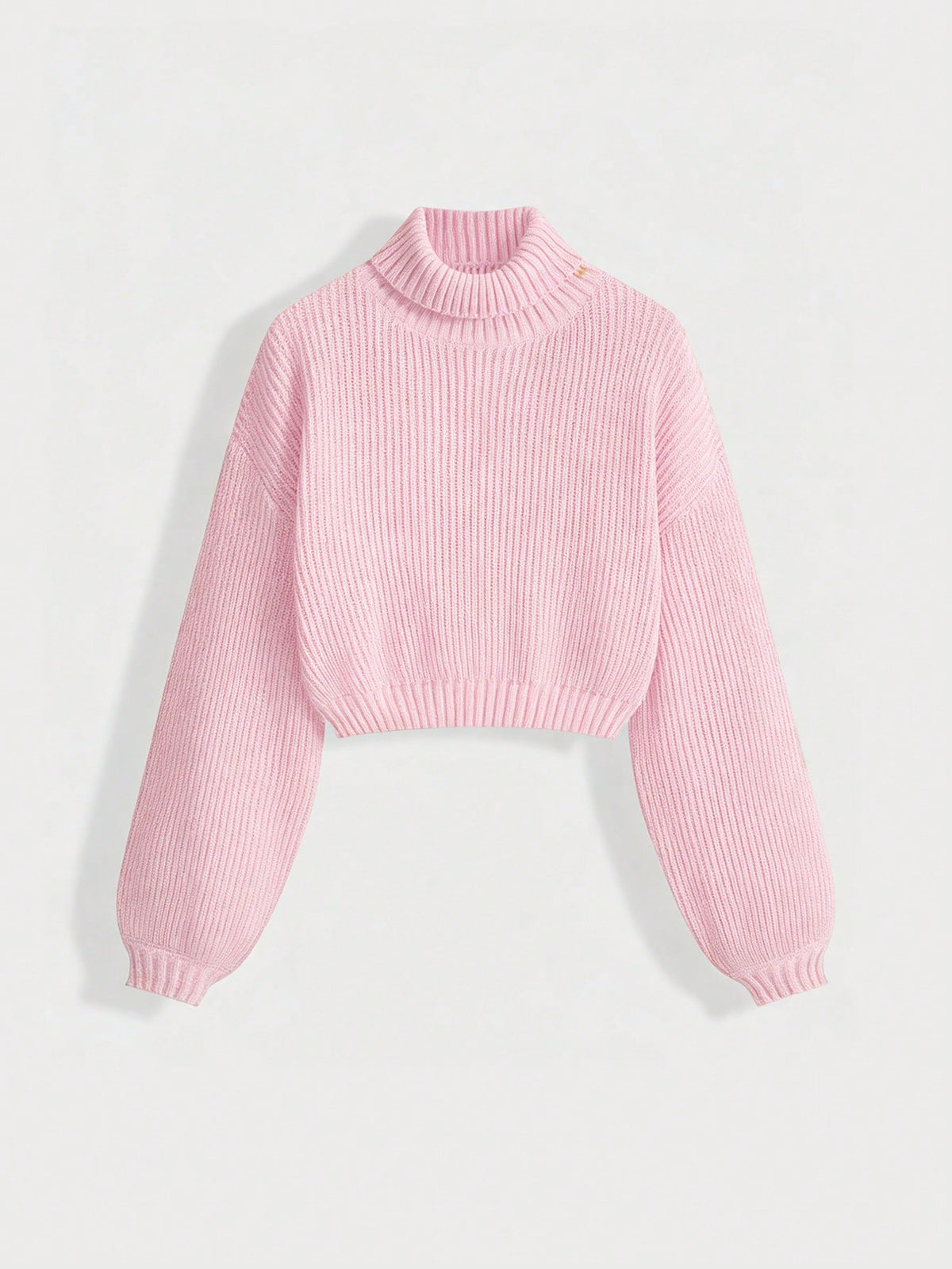 Women's rib-knit crop turtleneck sweater with long drop shoulder sleeves