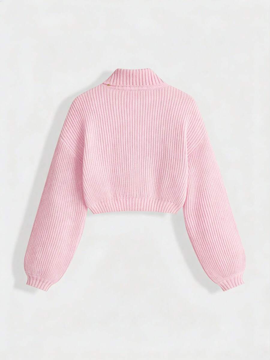 Women's rib-knit crop turtleneck sweater with long drop shoulder sleeves