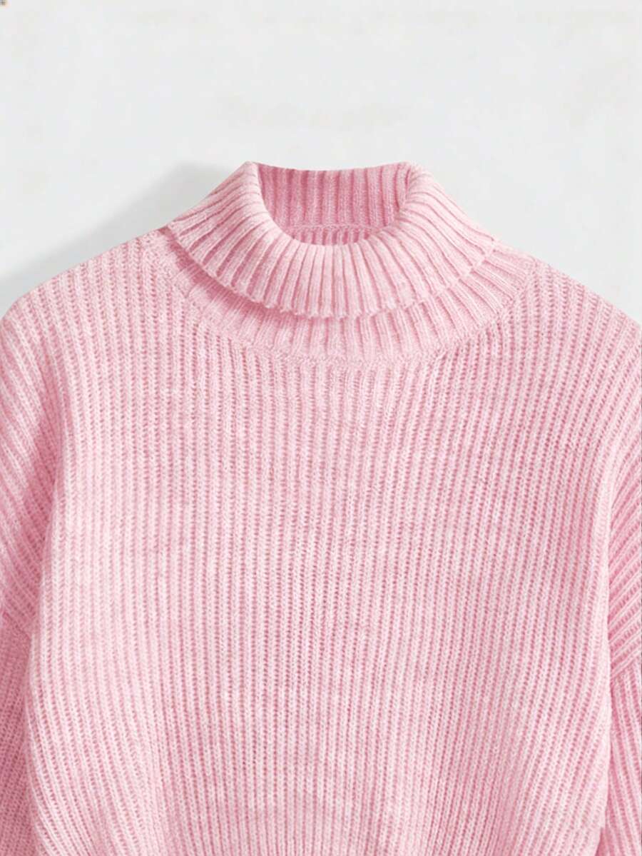 Women's rib-knit crop turtleneck sweater with long drop shoulder sleeves