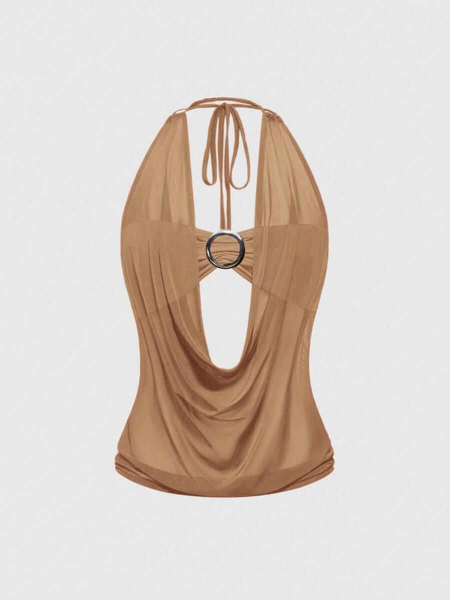 Women's Y2K retro crop tank top with draped halter neckline, cut-out detail, slim fit, and backless design