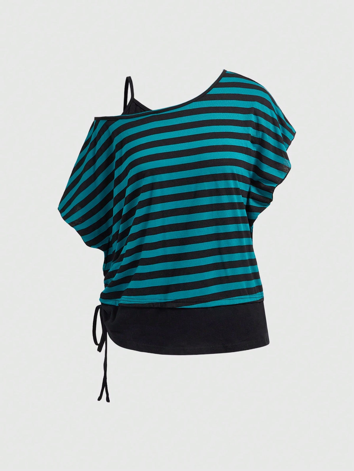Women's striped t-shirt featuring an asymmetric cold shoulder neckline, batwing short sleeves, and ruched drawstring details in a loose knit fit.