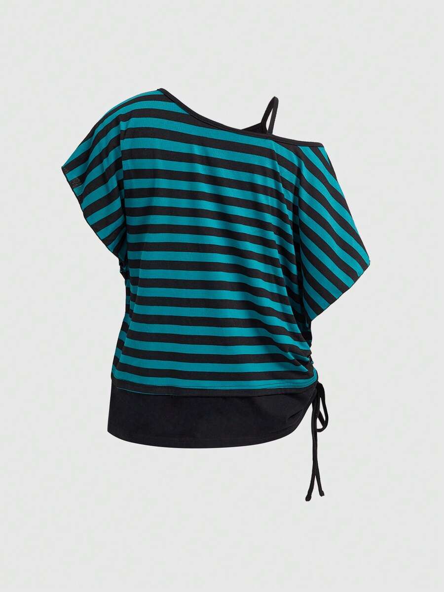 Women's striped t-shirt featuring an asymmetric cold shoulder neckline, batwing short sleeves, and ruched drawstring details in a loose knit fit.