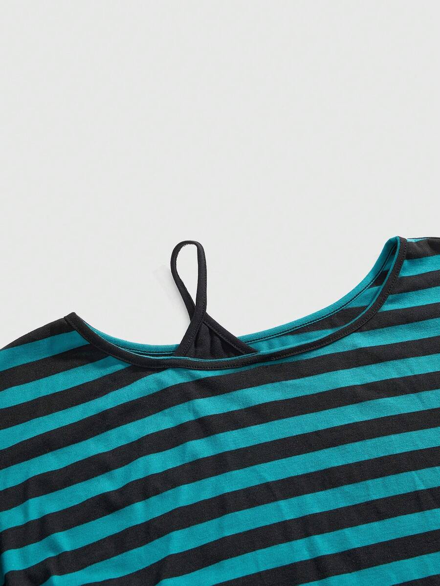 Women's striped t-shirt featuring an asymmetric cold shoulder neckline, batwing short sleeves, and ruched drawstring details in a loose knit fit.