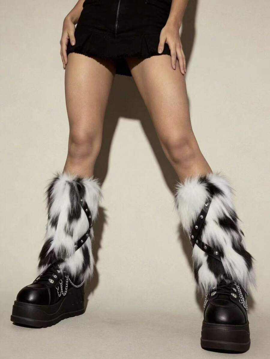 Pair of fuzzy leopard print leg warmers for women in a stylish winter goth aesthetic